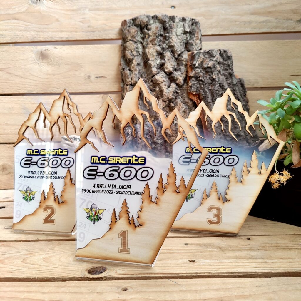Trofei rally personalizzati legno e plexiglass con design montagna